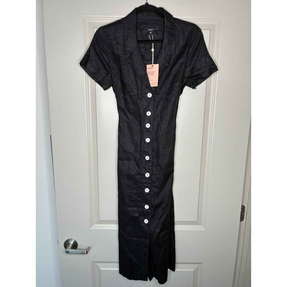 Quince NWT 100% European Linen Button Front Midi Dress Black Size XS - Picture 3 of 10